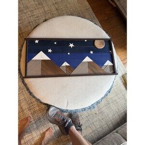 Sky Stars Moon & Snow Covered Mountains Reclaimed Wall Wood Art  13.5” X 30”